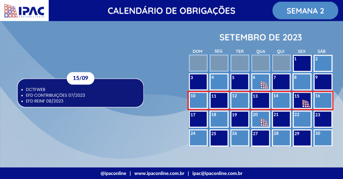 Calendário de Obrigações - Setembro de 2023 (Semana 2)
