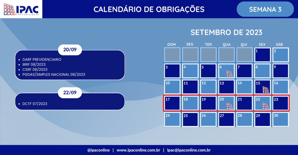 Calendário de Obrigações - Setembro de 2023 (Semana 3)