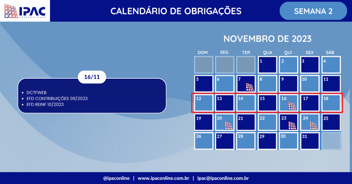 Calendário de Obrigações - Novembro de 2023 (Semana 2)