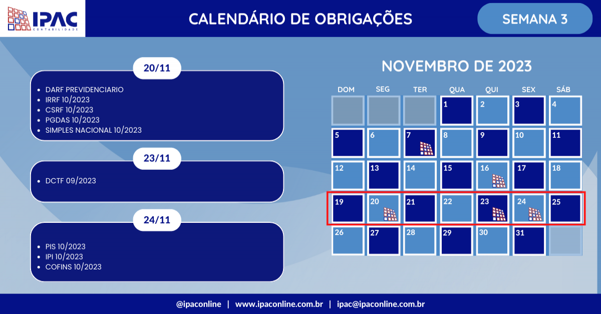 Calendário de Obrigações - Novembro de 2023 (Semana 3)