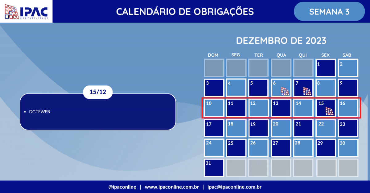 Calendário de Obrigações - Dezembro de 2023 (Semana 3)
