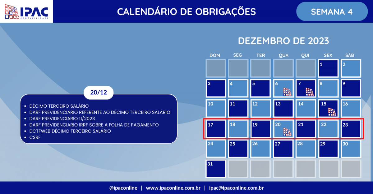 Calendário de Obrigações - Dezembro de 2023 (Semana 4)