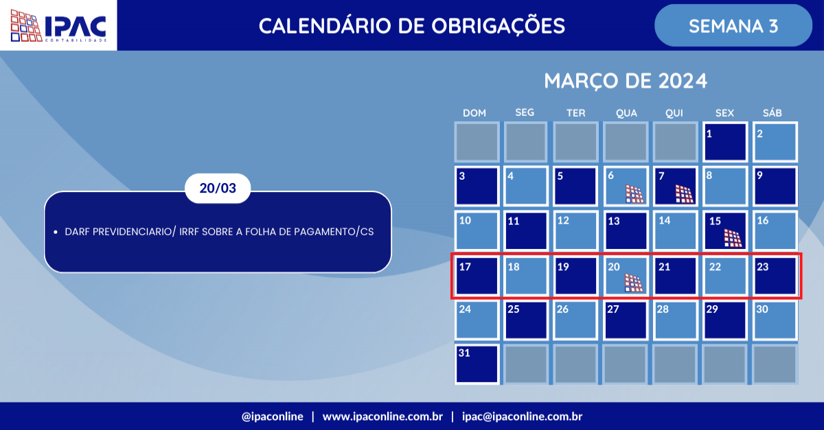 Calendário de Obrigações - Março de 2024 (Semana 3)
