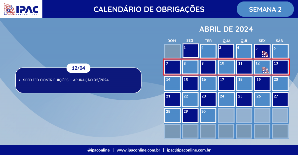  Calendário de Obrigações - Abril de 2024 (Semana 2)