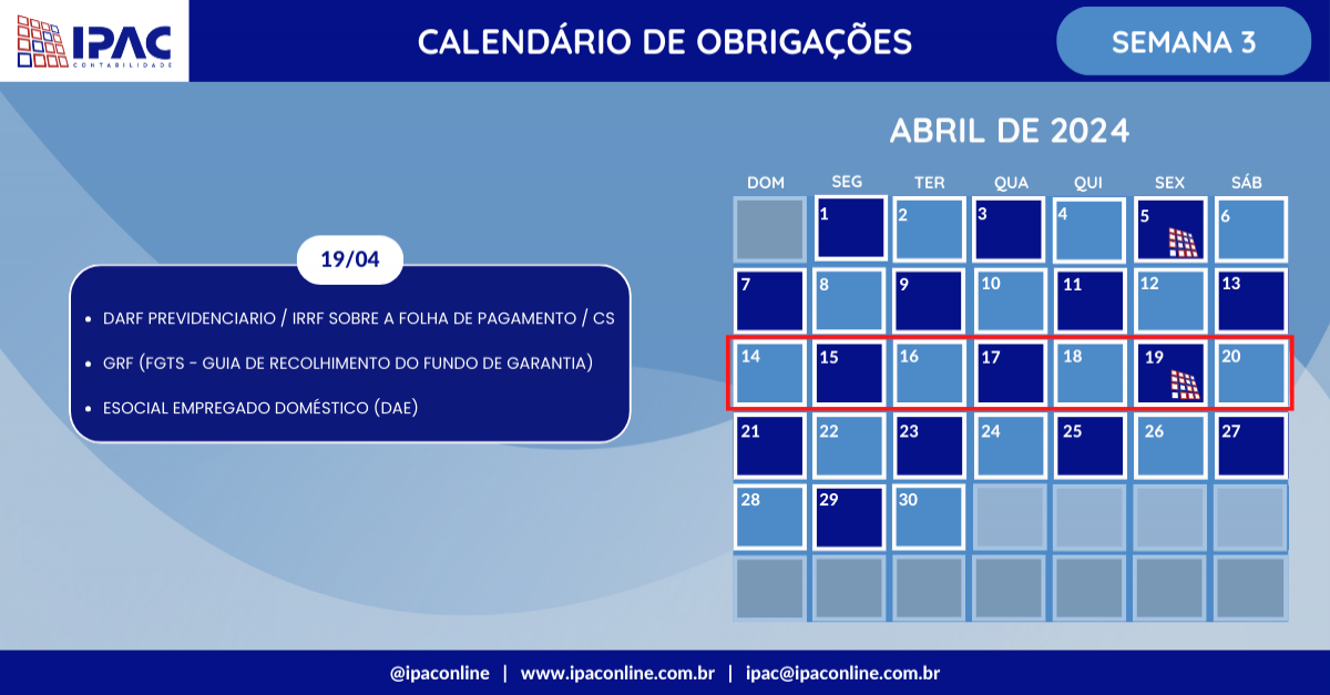 Calendário de Obrigações - Abril de 2024 (Semana 3)