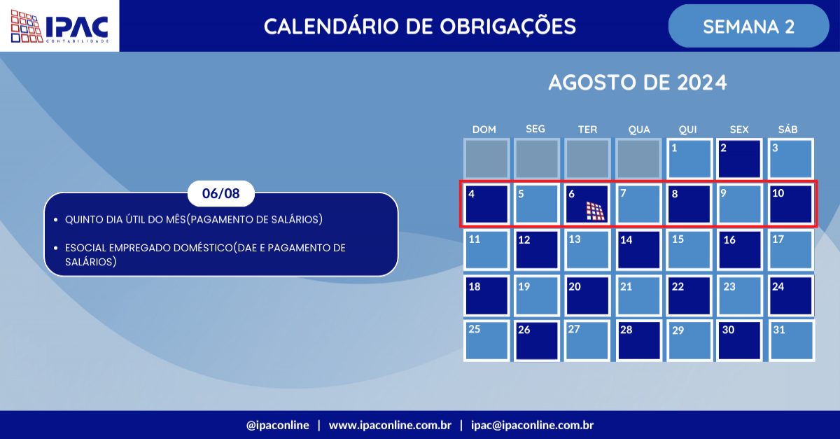 Calendário de Obrigações - Agosto de 2024 (Semana 2)