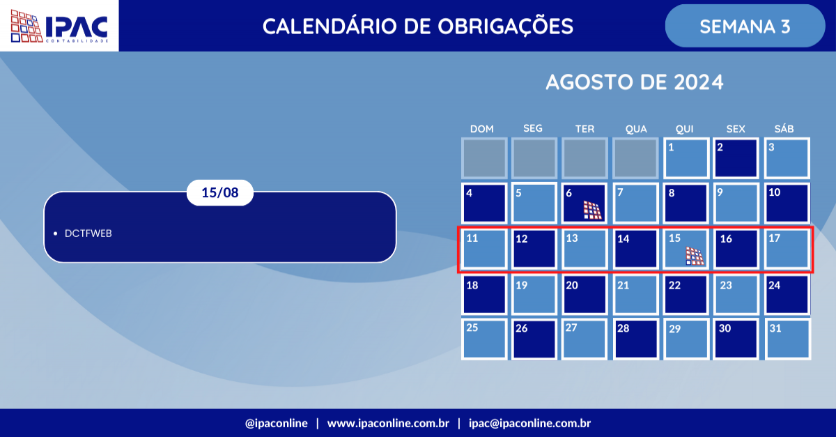 Calendário de Obrigações - Agosto de 2024 (Semana 3)