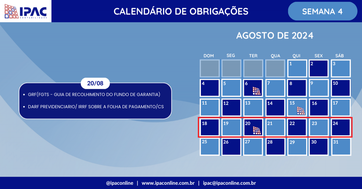 Calendário de Obrigações - Agosto de 2024 (Semana 4)