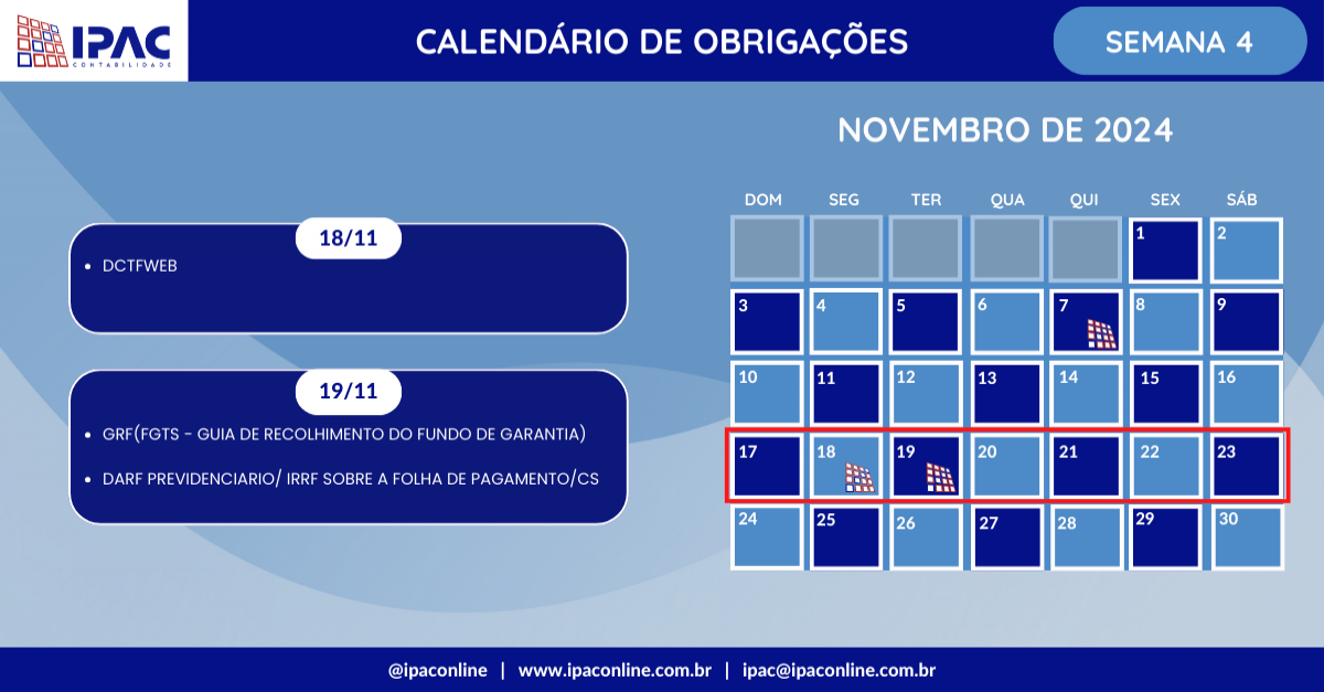 Calendário de Obrigações - Novembro de 2024 (Semana 4)