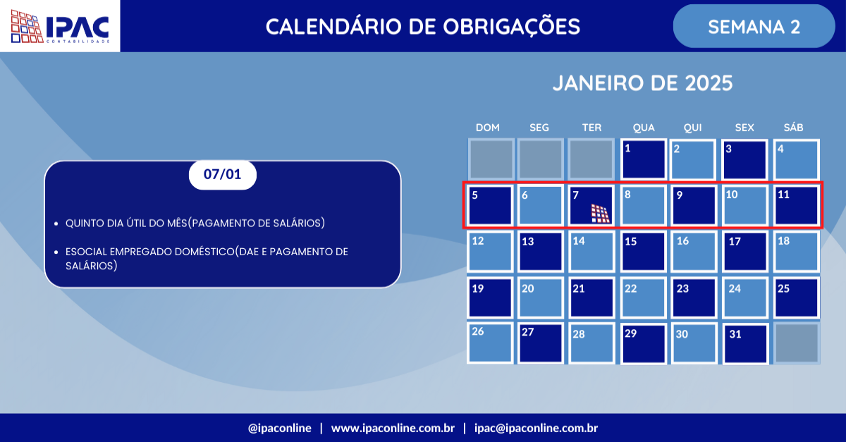 Calendário de Obrigações - Janeiro de 2025 (Semana 2)