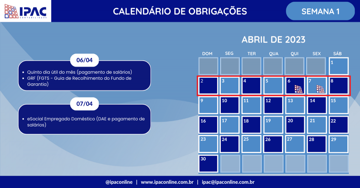 Calendário de Obrigações - Abril de 2023 (Semana 1)