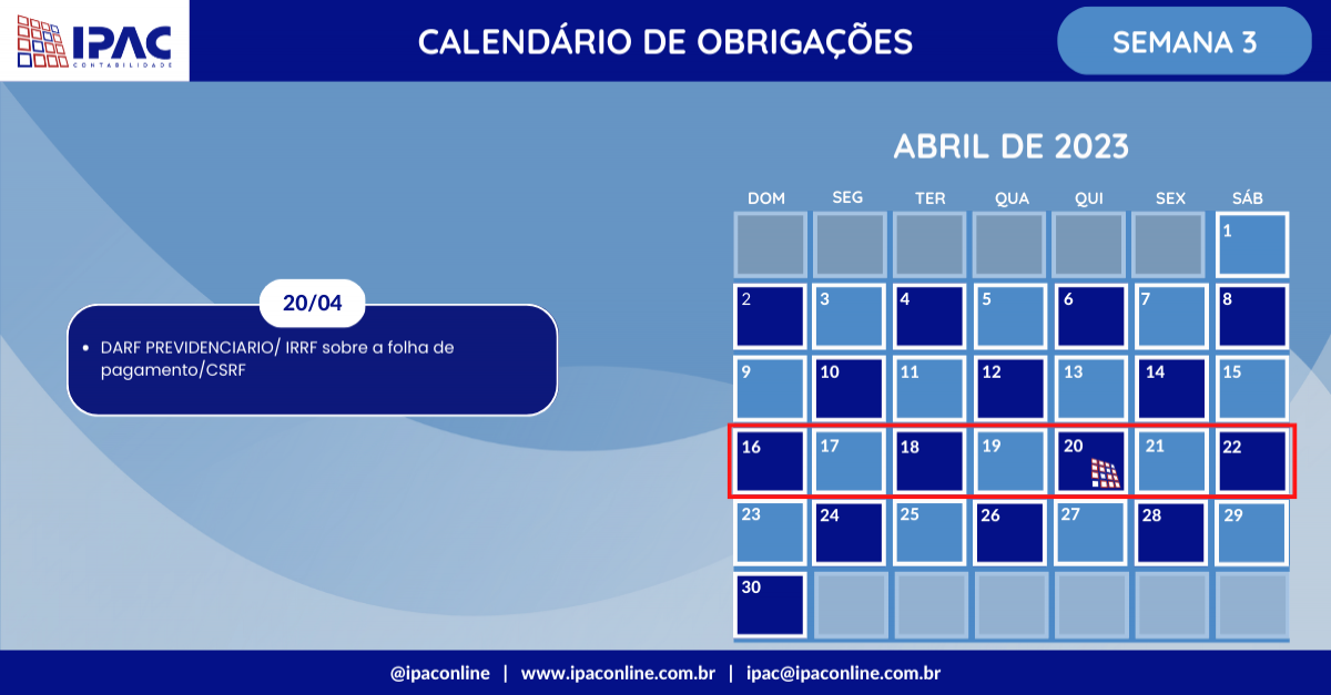 Calendário de Obrigações - Abril de 2023 (Semana 3)