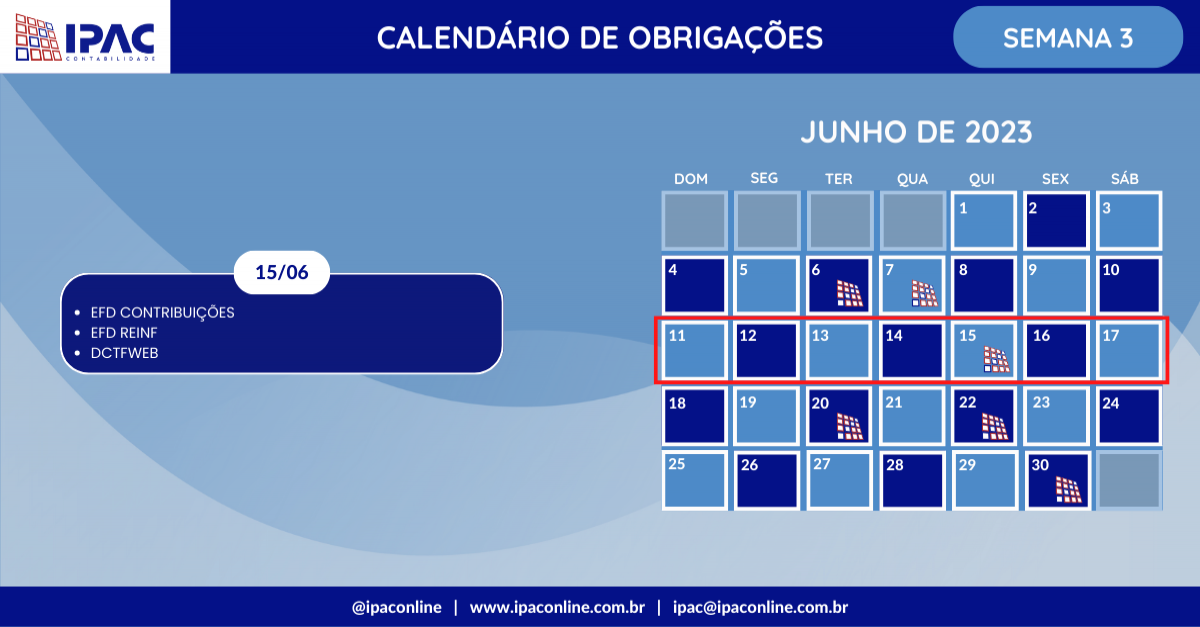 Calendário de obrigações - Junho de 2023 (Semana 3)