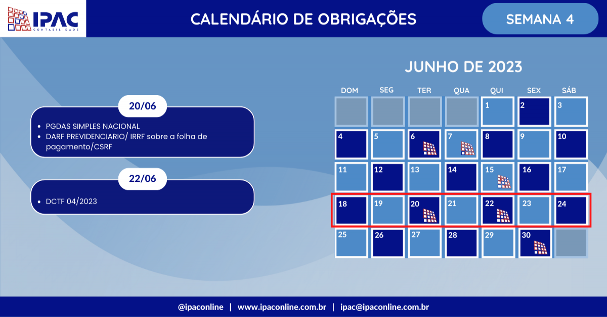  Calendário de obrigações - Junho de 2023 (Semana 4)