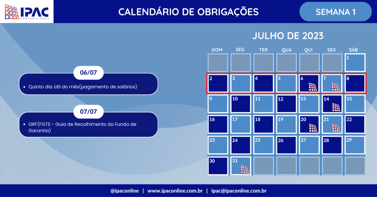  Calendário de Obrigações - Julho de 2023 (Semana 1)